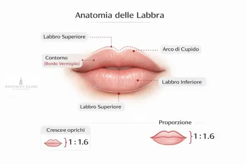Anatomia delle labbra: il contorno del viso evidenzia l'arco di Cupido e le proporzioni ideali.