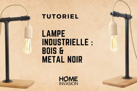 Lampada fai da te industriale in legno e metallo nero, con lampadina a filamento.