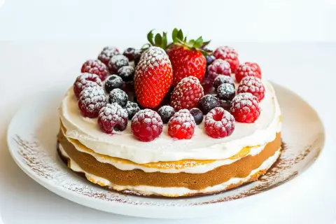 Un délicieux tiramisu fruits rouges, garni de fraises, framboises et myrtilles saupoudrées de sucre glace.