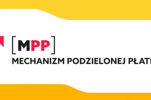 Symbol rozchodzących się strzałek i napis [MPP] MECHANIZM PODZIELONEJ PŁATNOŚCI. Dowiedz się, od jakiej kwoty obowiązuje.