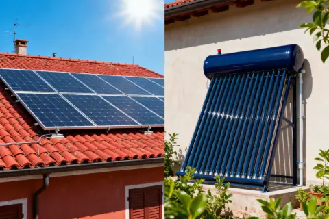 Pannelli solari sul tetto e collettori solari termici a tubi sottovuoto mostrano come funziona l'energia solare per produrre elettricità e acqua calda.