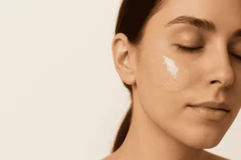 Nahaufnahme einer Frau mit geschlossenen Augen, auf deren Wange ein Gel mit kleinen Bläschen aufgetragen ist. Mögliche glycerin nebenwirkungen sind hier kein Thema.
