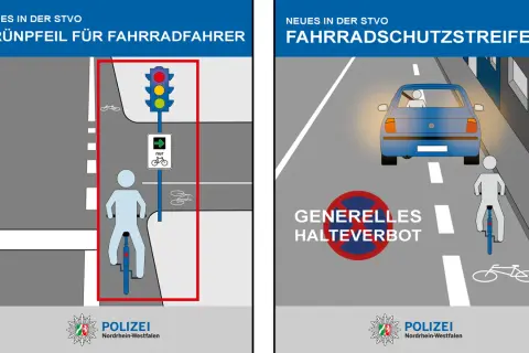 Links: Grüner Pfeil für Radfahrer nach StVO. Rechts: Fahrradschutzstreifen mit generellem Halteverbot.
