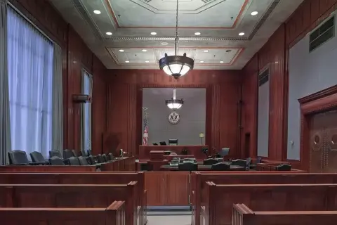 Pusta sala sądowa, gdzie toczy się sprawa o ustalenie, ile trwa rozprawa w sądzie rodzinnym.