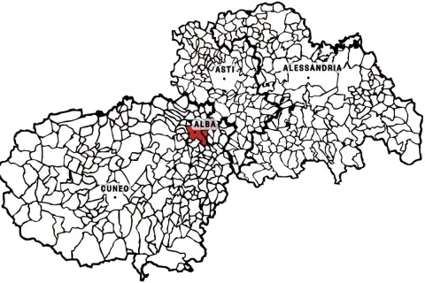 Mappa del Piemonte con Alba evidenziata in rosso. Qui si trovano le origini del pregiato vino Barbaresco, noto per le sue caratteristiche uniche.