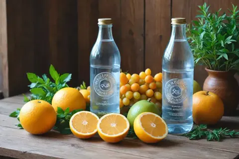 Dwie butelki wody Borjomi, cytrusy i winogrona na drewnianym stole. Ile pić wody Borjomi? Zależy od potrzeb.