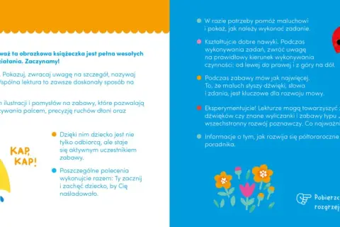 Książeczka pełna zabaw i ilustracji, które rozwijają mowę i motorykę. Wesołe zabawy paluszkowe cele to nauka przez naśladowanie.