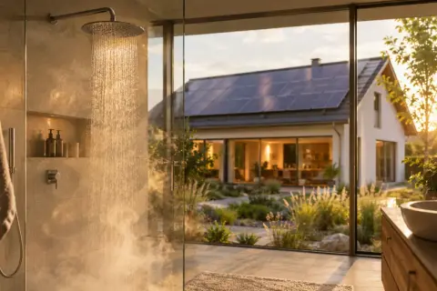 Dusche mit Blick auf ein modernes Einfamilienhaus mit Solaranlage. Ein Beispiel für bewussten Wasserverbrauch, ideal für zwei Personen.
