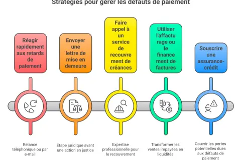 Stratégies pour gérer les défauts de paiement : relance, mise en demeure, recouvrement, affacturage, assurance-crédit. Aide en cas de paiement en plusieurs fois non respecté.