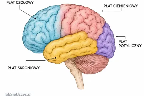 Kolorowy schemat mózgu z zaznaczonymi płatami: czołowym (niebieski), ciemieniowym (różowy), skroniowym (żółty) i potylicznym (fioletowy). Ilustracja podkreśla plastyczność mózgu.