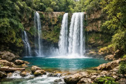 Magnifique cascade saut de la virole, ses eaux turquoise tombent sur des rochers moussus, entourée d'une végétation luxuriante.