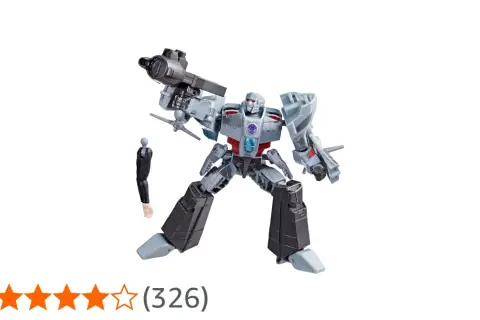 Szara zabawka Megatron z pistoletem i małą postacią obok.
