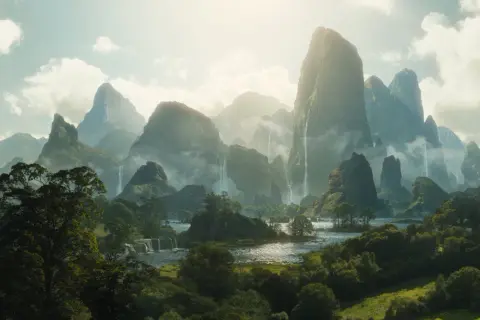 Paysage onirique de montagnes escarpées, cascades et rivières scintillantes, dans le style de Dylan Cole.