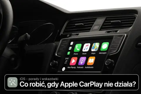 Ekran samochodu z ikonami aplikacji, gdy Apple CarPlay nie działa. Podpis: "Co robić, gdy Apple CarPlay nie działa?".