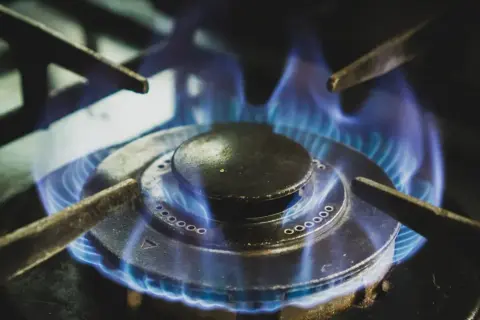 Llama azul arde en quemador de cocina, símbolo de la vida útil de una caldera de gas.