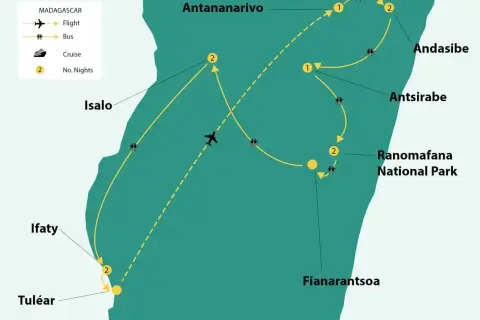 Mapa Madagaskaru z trasą podróży: loty, autobusy i noclegi. Zastanawiasz się, ile się leci na Madagaskar? Ta mapa pokazuje, jak podróżować po wyspie.