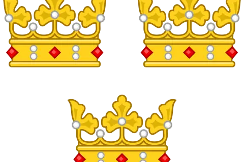 Tre gyllene kronor med röda stenar och vita pärlor, symbol för Sverige.