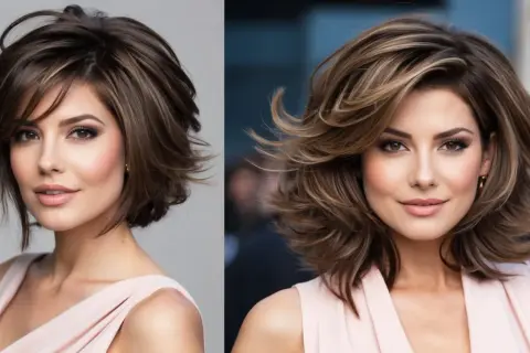 Zwei Porträts einer Frau mit einem modernen Stufenschnitt für feines Haar. Der Schnitt verleiht Volumen und Bewegung.