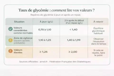 Tableau expliquant les valeurs de glycémie normales, de vigilance et élevées pour une femme, à jeun et après repas.