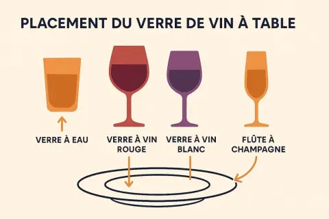 Placement des verres à table : verre à eau, verre à vin rouge, verre à vin blanc, flûte à champagne. Le verre à vin se place à droite ou à gauche selon le type.