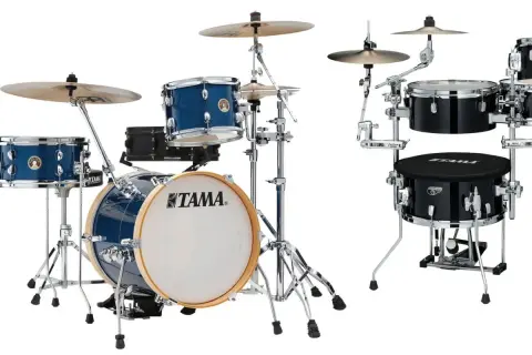 Zestaw perkusyjny Tama Club Jam gotowy do jam session. Bębny w kolorze niebieskim i czarnym, z błyszczącym wykończeniem.