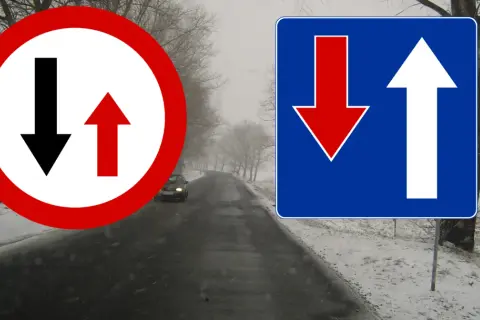 Znak pierwszeństwo dla nadjeżdżających z przeciwka. Na drodze zimą, znaki drogowe informują o ustąpieniu pierwszeństwa.