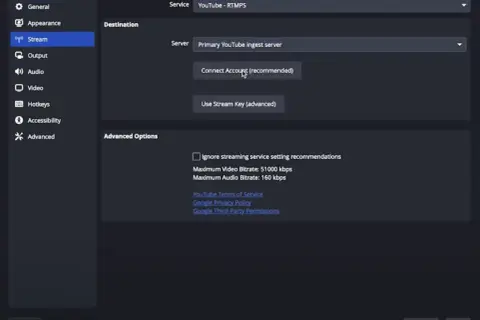 Einstellungen für YouTube-Streaming. Hier wird die Verbindung für deine Nintendo Switch zu Twitch eingerichtet.