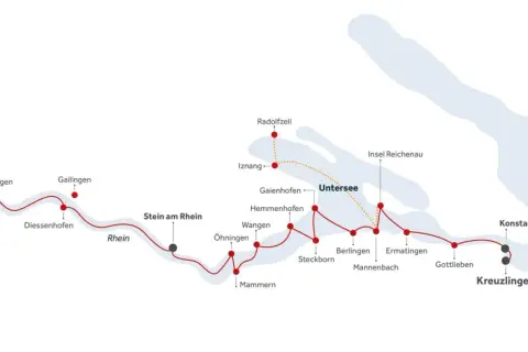 Karte zeigt eine Schifffahrtsroute von Konstanz über den Untersee und Rhein bis zum Rheinfall bei Schaffhausen.