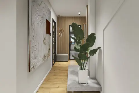 Un corridoio moderno con un grande quadro astratto e una pianta rigogliosa. Ottime idee per la parete del corridoio, con pannelli in legno e illuminazione soffusa.
