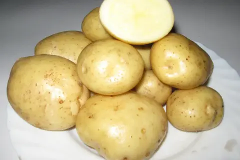 Stos świeżych ziemniaków Lilly na białym talerzu, jeden przekrojony na pół, ukazujący jasny miąższ.