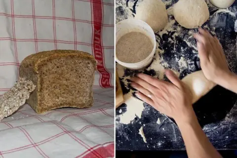 En bit hembakat surdegsbröd bredvid en deg som formas. Processen att baka med surdeg är en konst.