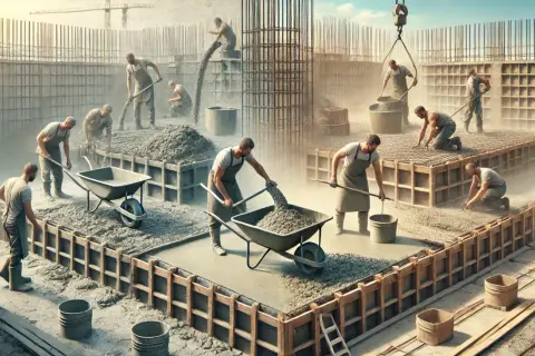 Budowlańcy pracują przy wylewaniu betonu. Czas schnięcia betonu zależy od wielu czynników, ale tu widać intensywną pracę.