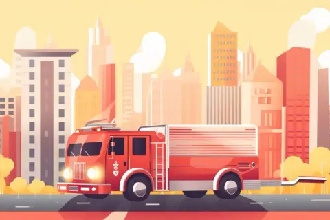 Rotes Feuerwehrauto fährt durch eine stilisierte Stadt. Eine spannende bewegungsgeschichte feuerwehr für Kinder.
