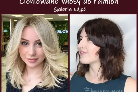 Dwie kobiety prezentują modne fryzury: blond włosy do ramion cieniowane i ciemne, falowane włosy do ramion cieniowane.