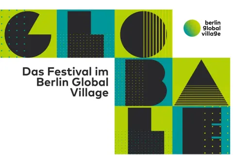 Das Festival im Berlin Global Village: bunte Grafik mit Buchstaben und Logo.