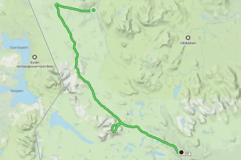 Karta över en vandringsled mellan Blåhammaren och Storulvån, genom Sylene landskapsvernområde.