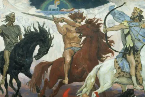Czterej jeźdźcy Apokalipsy św. Jana: Śmierć, Wojna, Głód i Zwycięstwo. Streszczenie wizji końca świata.