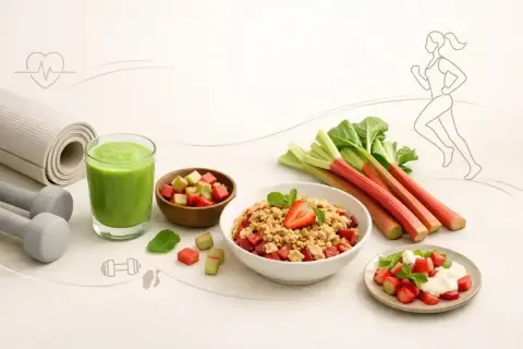 Zdrowe śniadanie z rabarbarem: smoothie, musli i deser z jogurtem. Idealne na początek dnia pełnego energii.