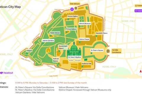 Mapa Watykanu, gdzie jest Watykan. Zaznaczone Muzea Watykańskie, Kaplica Sykstyńska, Bazylika św. Piotra i Ogrody Watykańskie.