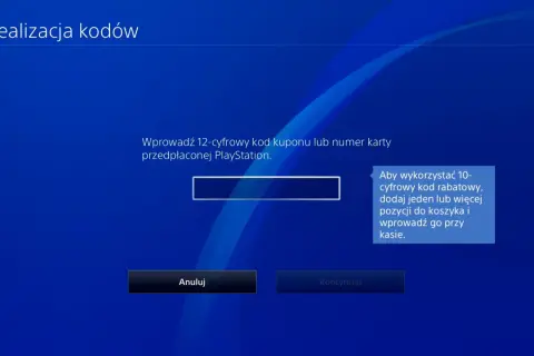 Ekran PlayStation z polem do wprowadzania kodu rabatowego i przyciskami "Anuluj" i "Kontynuuj".