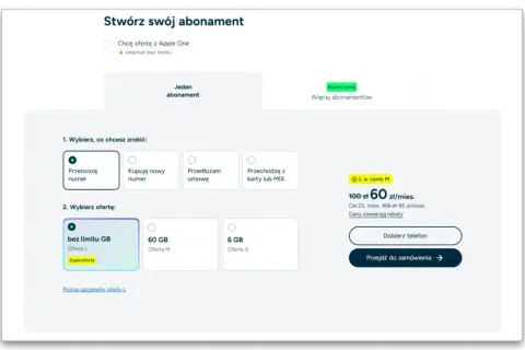Tworzenie abonamentu: wybierz przeniesienie numeru, ofertę bez limitu GB za 60 zł/mies. i przejdź do zamówienia.