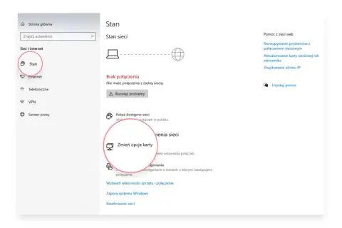 Ekran ustawień sieciowych Windows. Kliknij "Stan", aby sprawdzić połączenie, a następnie "Zmień opcje karty", aby dowiedzieć się, jak zresetować kartę sieciową.
