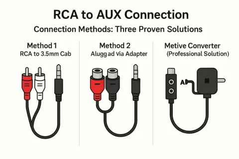 Drei Methoden zur Verbindung von RCA mit AUX: Kabel, Adapter und ein Konverter für den aux out anschluss.
