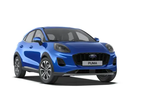 Blå Ford Puma hybrid framifrån, redo för äventyr.