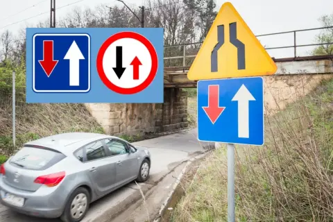 Znaki drogowe informują o pierwszeństwie przejazdu i zwężeniu drogi. Kierowca musi wykonać manewr wymijania.