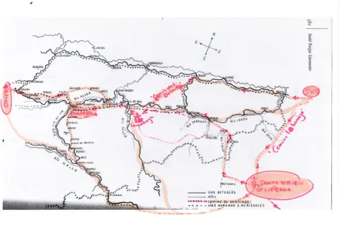 Mapa del Camino de Santiago en Asturias, destacando rutas y lugares como el **puente de Covadonga**.