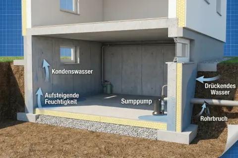 Schnitt durch ein Haus mit feuchtem Bruchsteinkeller. Kondenswasser, aufsteigende Feuchtigkeit und drückendes Wasser durch Rohrbrüche belasten den Keller. Eine Sumpfpumpe ist im Einsatz.