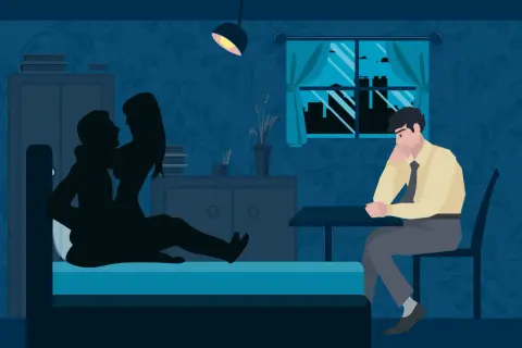 Mroczna sypialnia, para w łóżku, smutny mężczyzna siedzi przy stole. Ilustracja pokazuje sytuację, która może być związana z pojęciem cuckold co to.