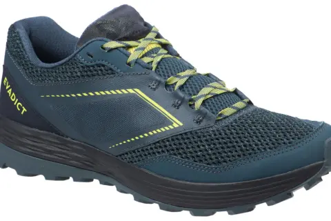 Chaussure de trail running Evadict marque, bleu marine avec lacets et détails jaune vif, prête pour l'aventure.