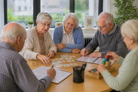 Cinq seniors participent à un exercice de remédiation cognitive, jouant avec des cartes et des blocs pour stimuler leur mémoire.
